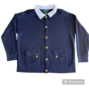 Lauren Ralph Lauren, Knit Collared Cardigan in Navy Blue, 100% Cotton, Size 1X